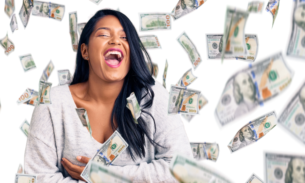 Graduate female student is throwing up money that she won from grad scholarships, undergraduate scholarships, high school scholarships, graduate scholarships, HBCUs, HBCU scholarships, student debt, money for college, win scholarships, winter scholarships