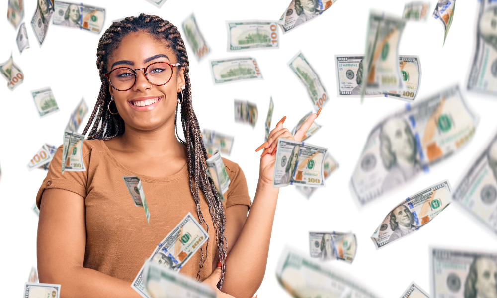 A Black Hispanic student throwing up college scholarship money, Latino students, African American students, black colleges, professional organizations, summer internships, qualified students, minority students, February scholarships