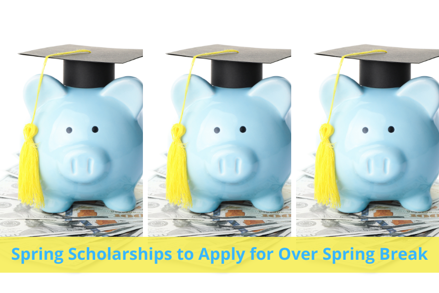 A piggy bank with a graduation cap on top of a pile of scholarship money, HBCU, African American scholarships, HACU, Scholarships for Hispanics, scholarships with spring deadlines, scholarships with upcoming deadlines, spring scholarships to apply for over spring break
