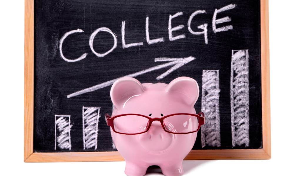 A pink piggy bank in front of a chalk board with the word college, upcoming scholarships May deadlines, quick and easy scholarships, no essay scholarships, easy scholarships due in May, STEM scholarship, general application, community college, accredited college