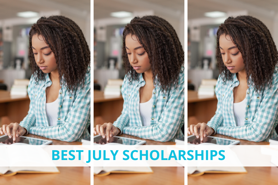 A college student is applying for July scholarships on her tablet, high school freshmen, high school sophomores, high school juniors, high school seniors, undergraduate scholarships, graduate scholarships, scholarships with July deadlines