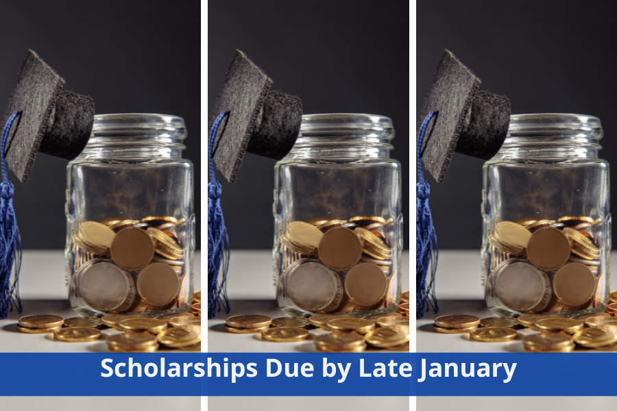 A jar filled with scholarship money with a graduation cap on top, scholarships with upcoming deadlines, January scholarships, February scholarships, scholarships due by late January