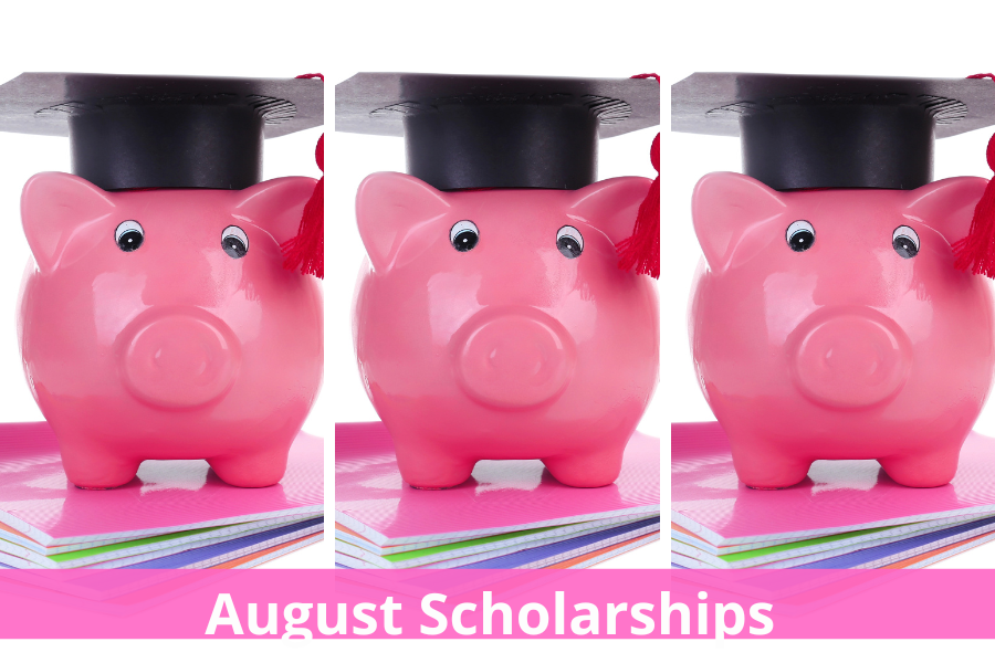 A piggy bank with a graduation cap is sitting on top of folders with August scholarships for incoming freshmen, current college students, undergraduate students, graduate students, college sophomores, college juniors, college seniors