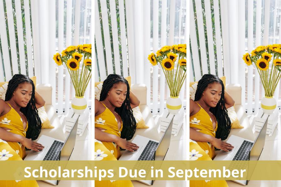 A college senior is laying on her dorm couch using her laptop to find scholarships due in September for females, college juniors, graduating seniors, college freshmen, college sophomores, nursing majors, healthcare workers, business majors, computer science majors, social work majors, education majors