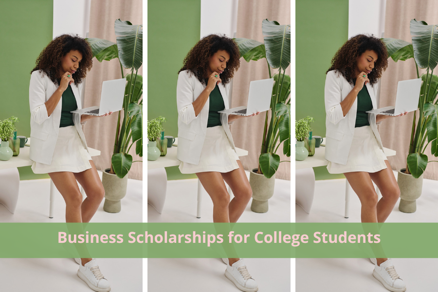 College bound high school senior is applying for Business Scholarships for College Students on her laptop, accounting scholarships, marketing scholarships, finance scholarships, supply chain scholarships, business analytics scholarships, human resources scholarships