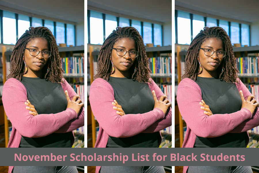 Black female college student in the college library, college scholarships, HBCU scholarships, November scholarship list for Black students, African American scholarships, STEM scholarships, STEM majors, Business majors, Business scholarships, scholarships due in November