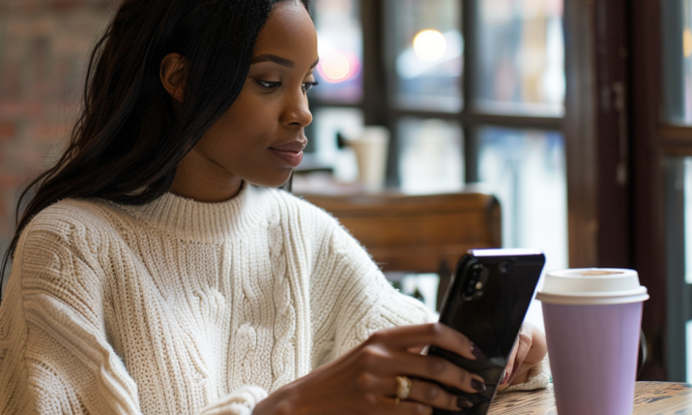 a Graduate student is sitting in a cafe, drinking coffee while applying for graduate winter scholarships for the current semester. She is applying for STEM scholarships for minority students