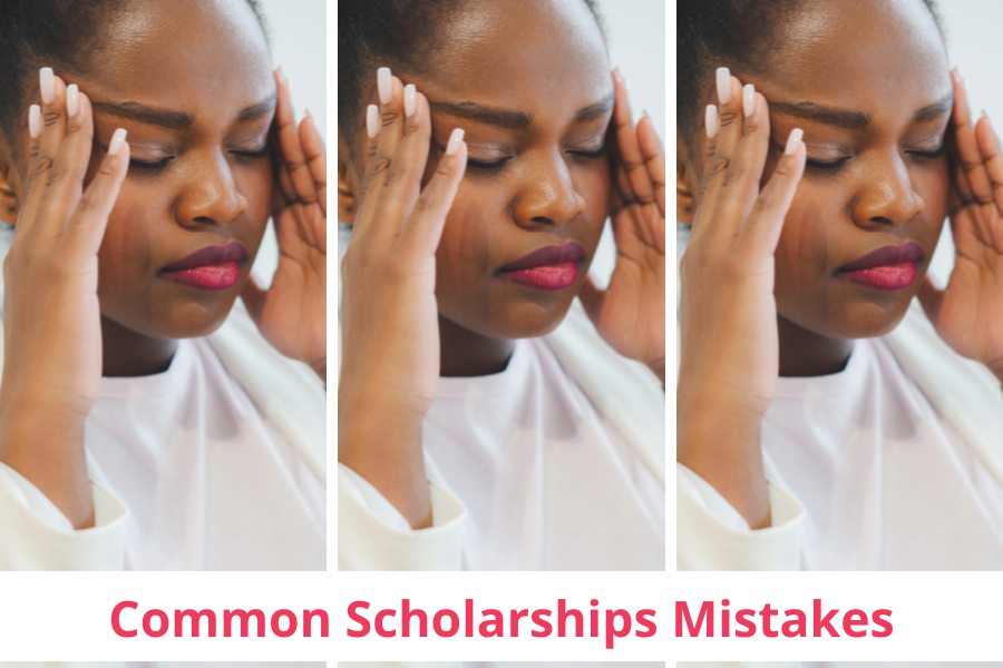 Female college student is hold her head because she has a headache from receiving several scholarships rejections due to common scholarship mistakes. She copy and pasted her scholarship essay, she missed the scholarship deadline, didn't follow instructions exactly, and applying to scholarships that are not a good fit