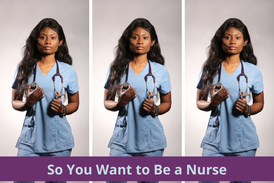 A female nursing student is dressed in her scrubs and has her stethoscope around her neck. She is doing her clinical for her nursing program. Her career goal is to be a nurse.
