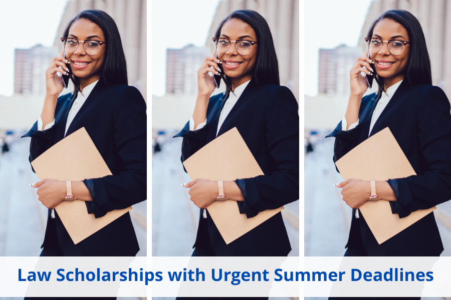 A first year law student is leaving her summer internship to head to the law library to apply for law scholarships with urgent summer deadlines. The student is looking for scholarships for minority students, full-time law students, and for African American scholarships