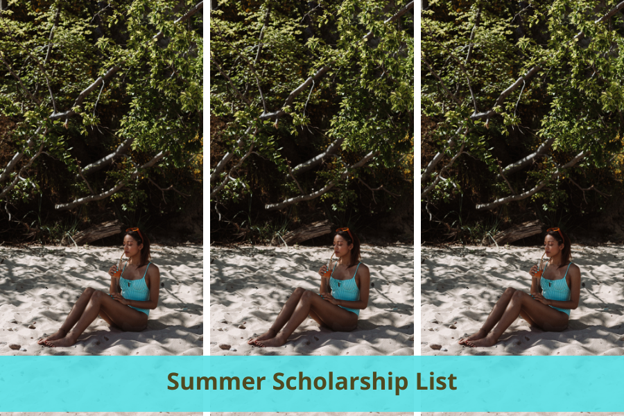 A college student is at the beach reviewing a summer scholarship list for HBCU students, HACU students, incoming freshmen, high school seniors, undergraduate students, graduate students
