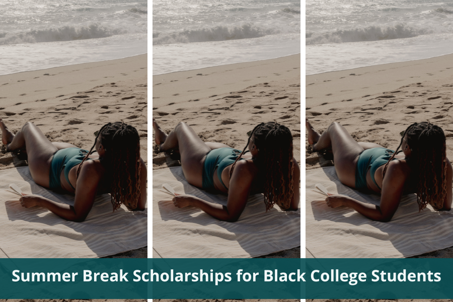 A female college student is relaxing on the beach after applying for summer break scholarships for black college students all week. She also applied for no essay scholarships, HBCU scholarships, and scholarships for minority students