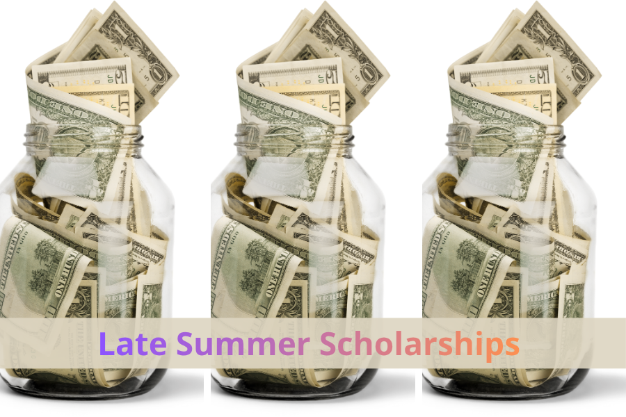 College female student has a mason jar filled with scholarship money she won from later summer scholarships, scholarships with August deadlines, scholarships due soon, scholarships with September deadlines