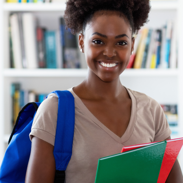 A female high schooler is prepared with her folders and backpack for her day of her HBCU pre-college summer program, high school students, college credit, pre-college summer programs, social activities, high schoolers, high school juniors, residential program, black colleges, academic programs