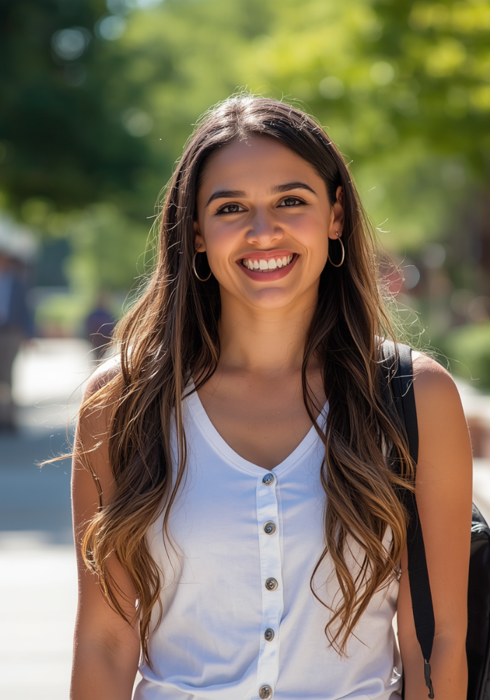 A college student is walking to the library so she can start applying for scholarships with May Deadlines. She wants to win these May scholarships so she can slash her student debt,